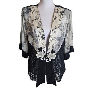 Vintage Spencer Alexis Black White Floral Lace Mixed Media Kimono Jacket Size XL